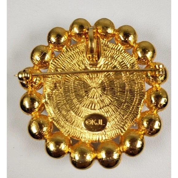 Vintage 1960's Kenneth Jay Lane Faux Pearl Gold Tone Circular Pendant Brooch Pin